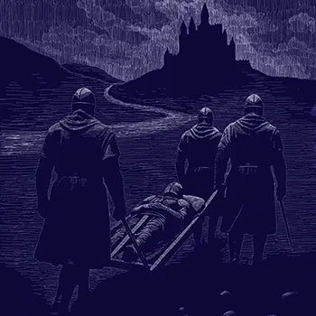 Ilustrace k textu Martina Zemana: Krocan. Jde o středověký epos. Na kresbě vidíme tři rytíře nesoucí na lehátku čtvrtého mrtvého. V dálce je hrad, na který směřují.