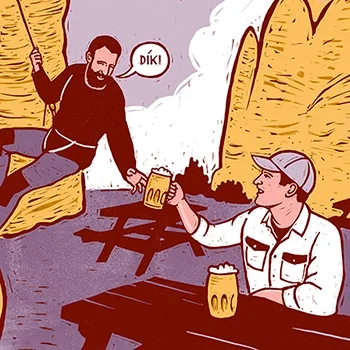 Komiks na restaurační stojánek pivovaru Rohozec pro pivo Skalák. Dva kamarádi na pivě ve skalách.