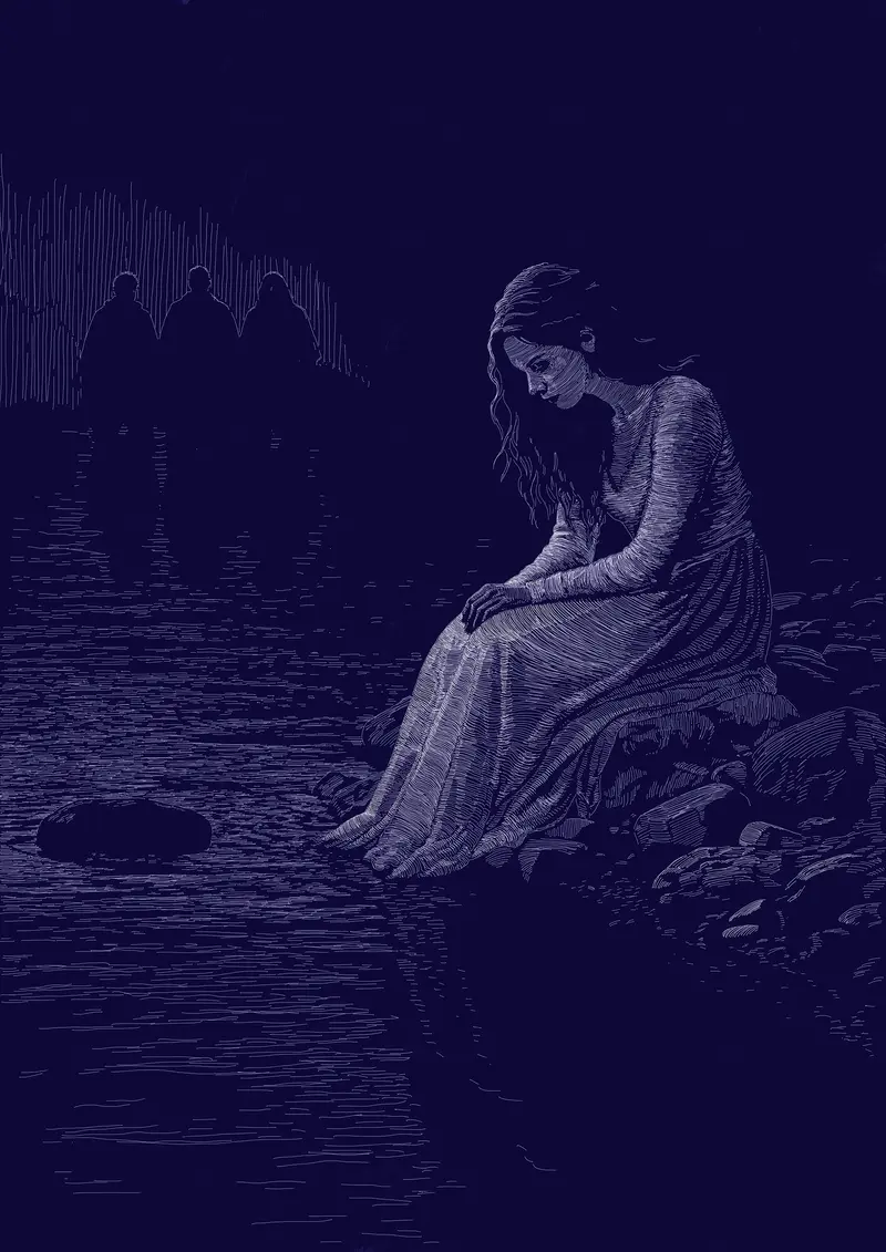 Ilustrace eposu Krocan: u řeky sedí v noci v bílých šatech princezna a čeká na svého ženicha, který nepřichází. V pozadí vidíme siluety tří mužů.